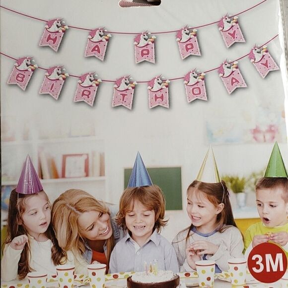 Unicorn Rainbow Pink Girl Happy Birthday Ribbon Banner NWT - Picture 1 of 2